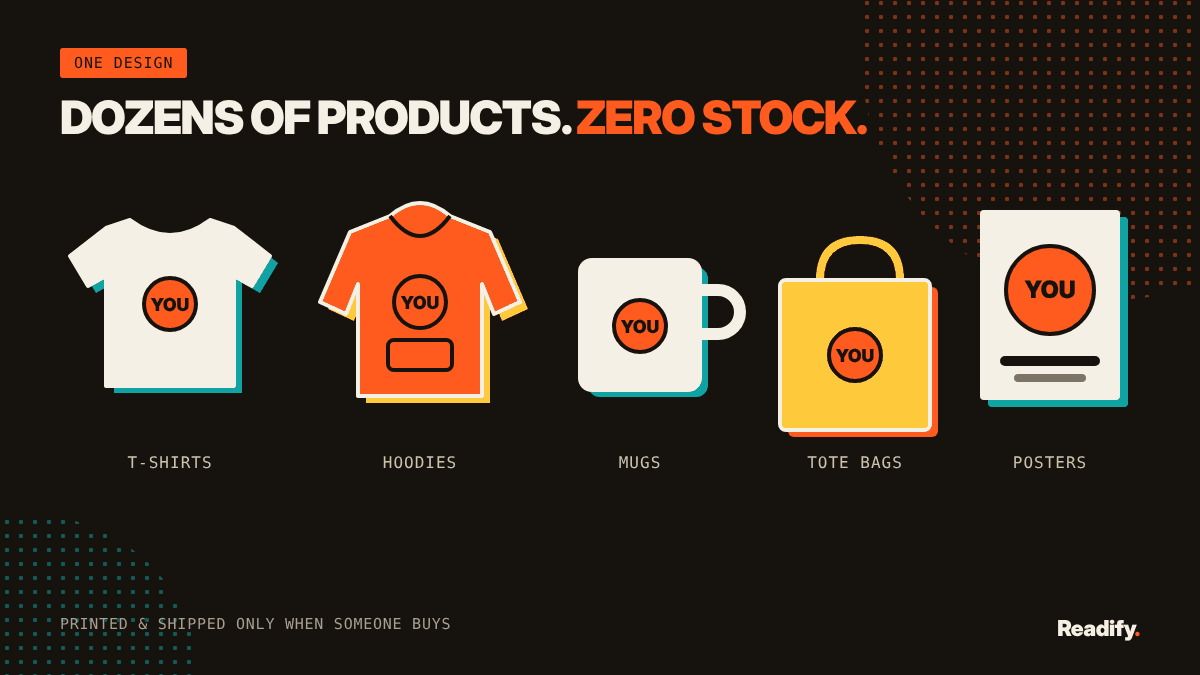 One design on many print on demand products: T-shirts, hoodies, mugs, tote bags and posters